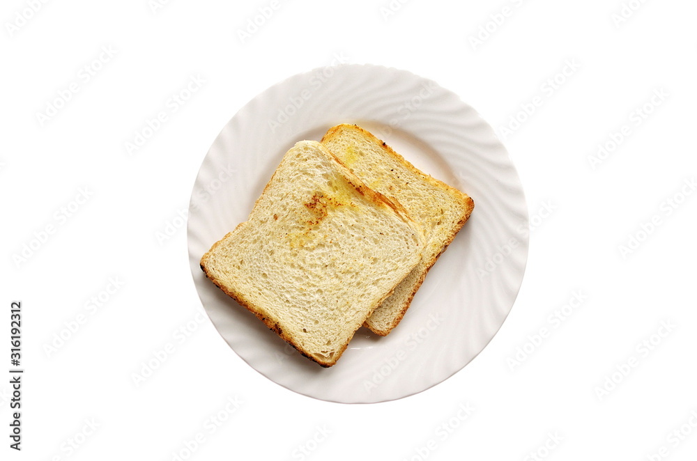 Plate with toasted bread isolated on white background, top view