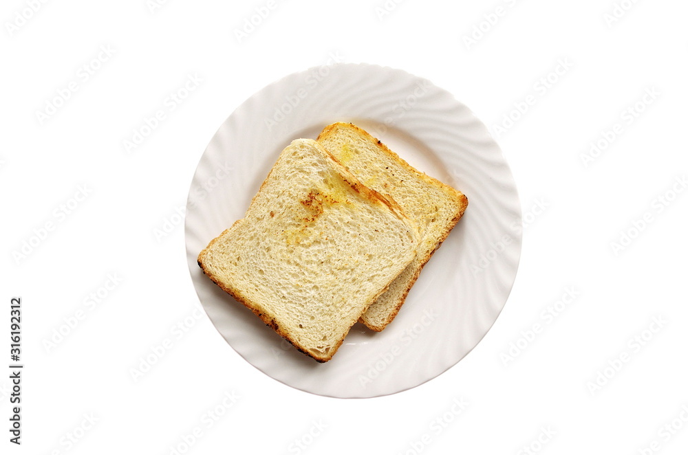 Plate with toasted bread isolated on white background, top view Plate with toasted bread isolated on white background, top view