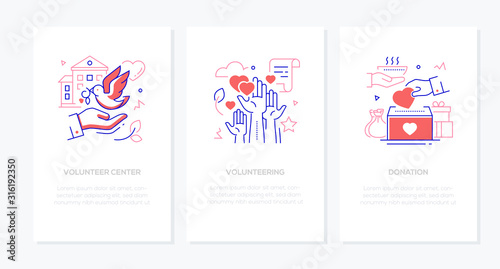 Volunteering - vector line design style banners set