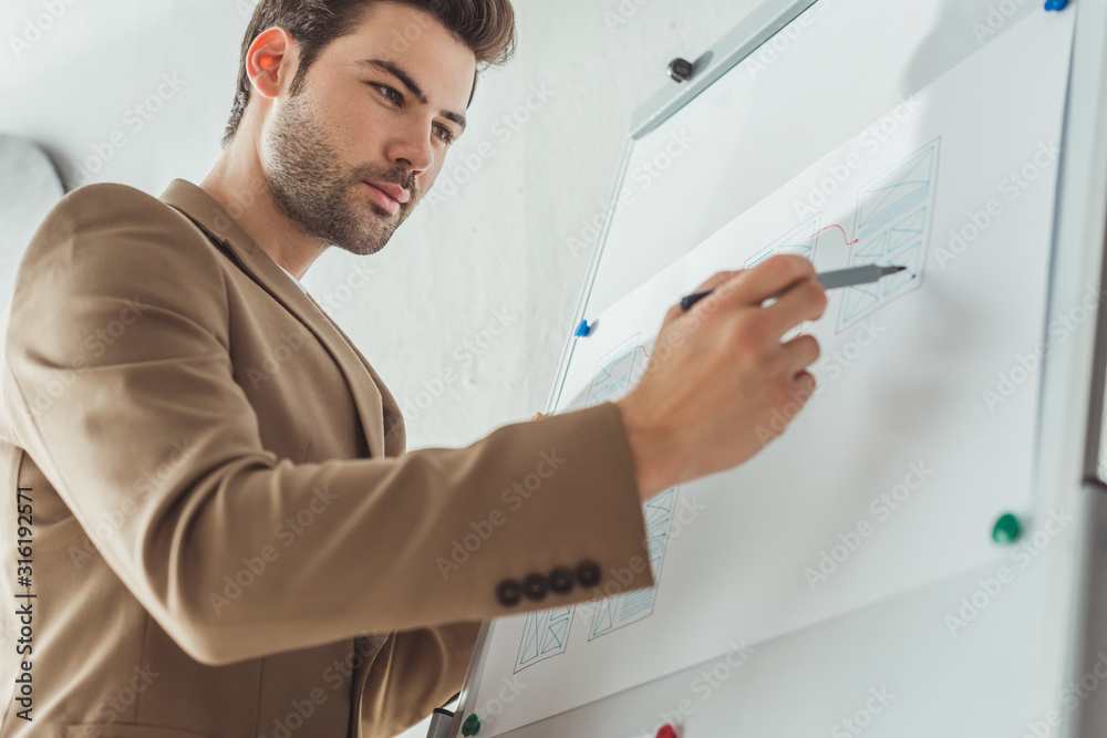 Low angle view of designer prototyping app interface on whiteboard in designer studio Low angle view of designer prototyping app interface on whiteboard in designer studio