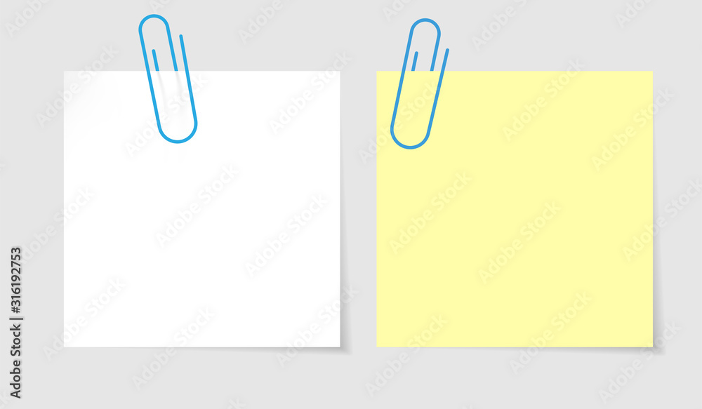 Vector blue paperclips on white and yellow empty blank office note paper. Fastener for memo text Vector blue paperclips on white and yellow empty blank office note paper. Fastener for memo text