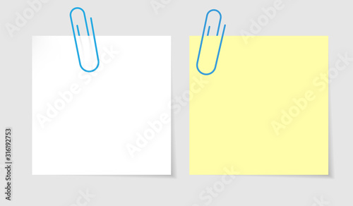 Vector blue paperclips on white and yellow empty blank office note paper. Fastener for memo text