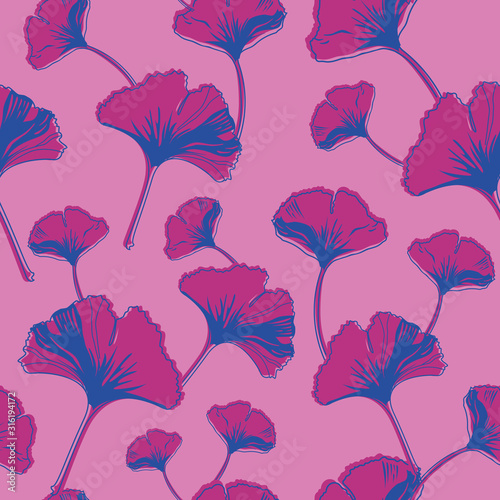 Vector seamless pattern ginko wax with purple, blue ginkgo leaves and pink background