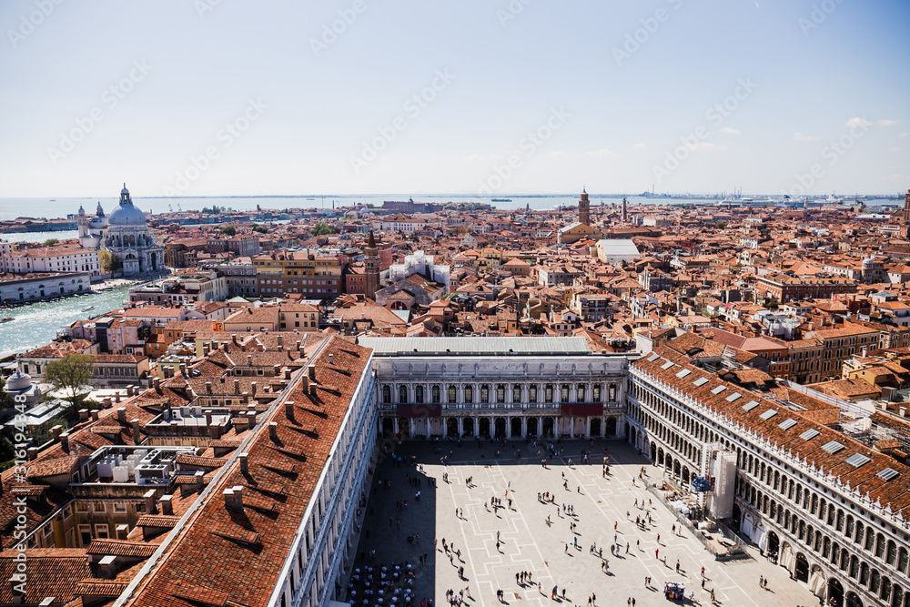 high angle view of Piazza San Marco and ancient buildings in Venice, Italy