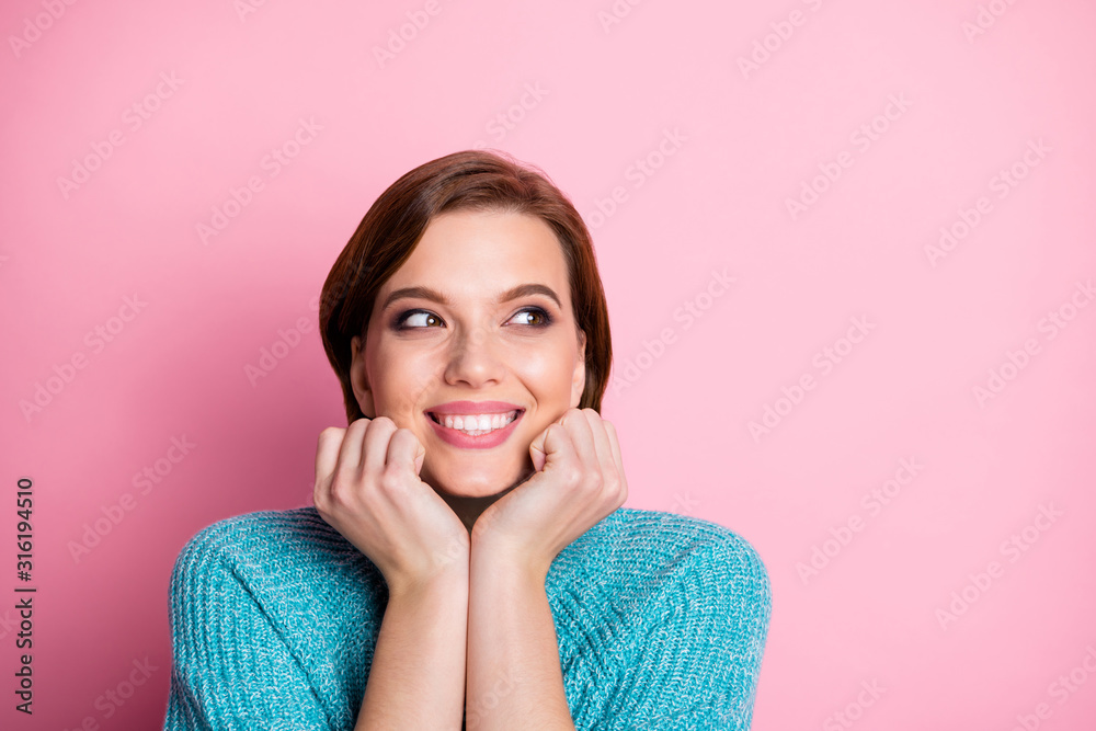 Close-up portrait of her she nice-looking attractive lovely charming pretty cheerful cheery glad delighted brown-haired woman isolated over pink pastel color background
