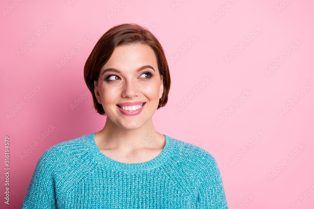 Close-up portrait of her she nice-looking attractive lovely charming cheerful cheery brown-haired girl looking aside isolated over pink pastel color background Close-up portrait of her she nice-looking attractive lovely charming cheerful cheery brown-haired girl looking aside isolated over pink pastel color background