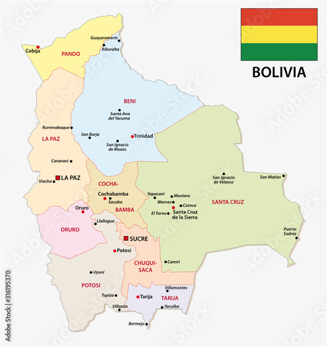 bolivia administrative map with flag and main cities