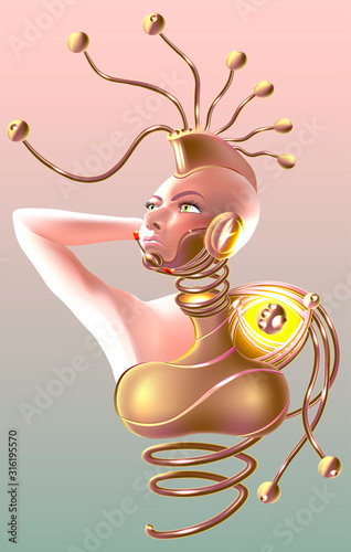 A beautiful cyborg woman looks up. Concept of cybernetic, information and communication technologies.