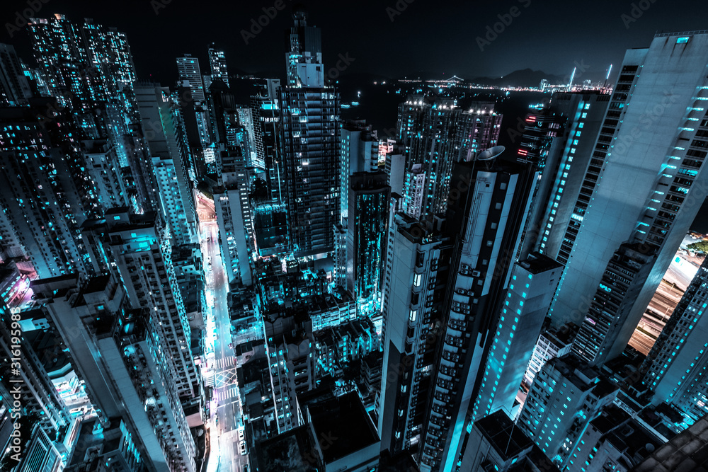  skyscraper city skyline at night, business district of Hong Kong - obrazy, fototapety, plakaty 