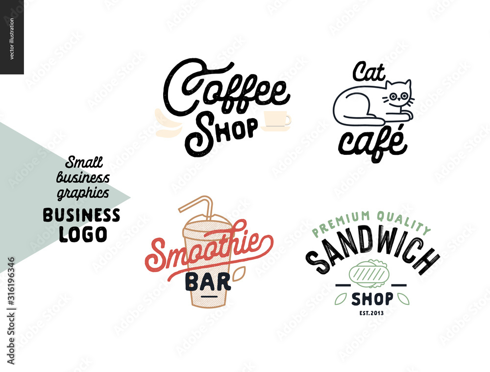 Logo - small business graphics - cafe and restaurants. Modern flat vector concept illustrations - logotypes of coffee shop, cat cafe, smoothie bar, sandwich shop Logo - small business graphics - cafe and restaurants. Modern flat vector concept illustrations - logotypes of coffee shop, cat cafe, smoothie bar, sandwich shop