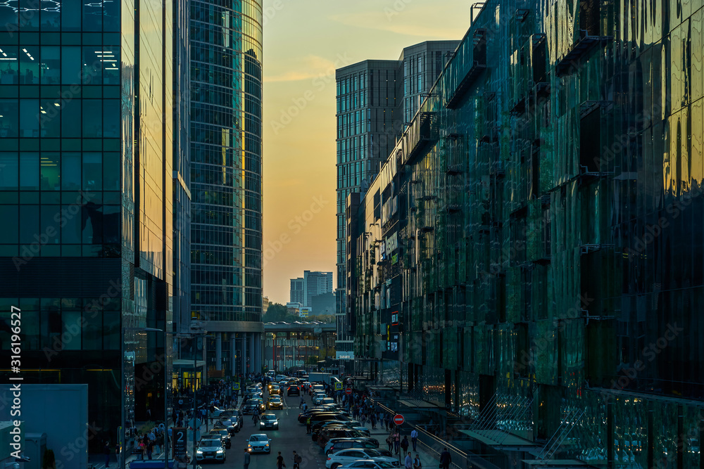 Moscow, Russia - September 12, 2019: Moscow-City International Business Center - a developing business district in Moscow on Presnenskaya embankment. Skyscrapers at sunset