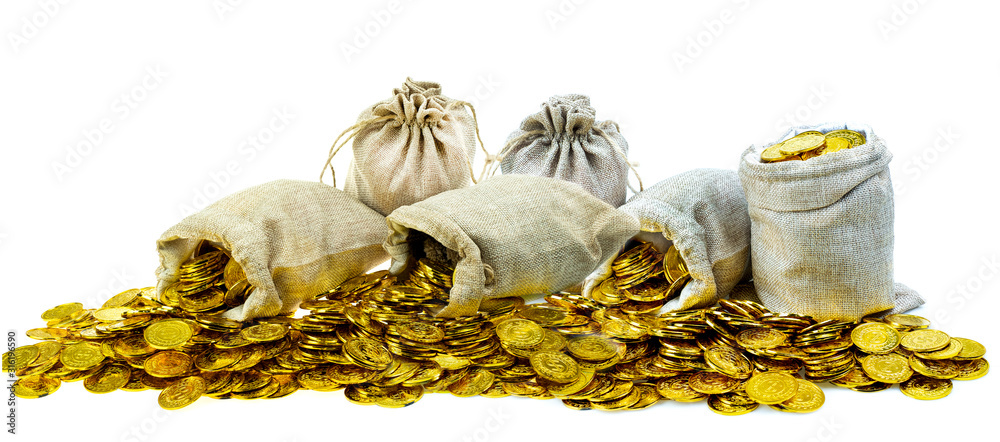 Stacking gold coin in treasure sack on white background - obrazy, fototapety, plakaty 