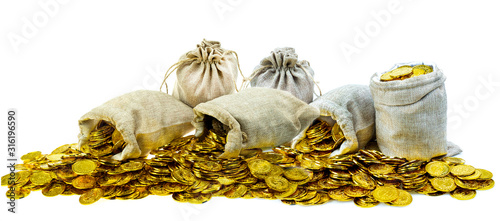 Obraz na płótnie Stacking gold coin in treasure sack on white background