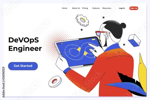 DevOps - development cycles of Automation and monitoring at all steps of software construction. Man writing script ai tech support devops creating digital solution front-end. Vector illustration