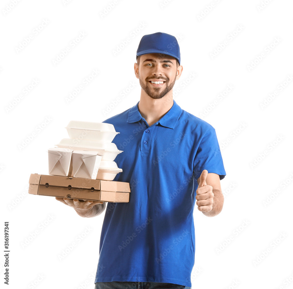 Handsome worker of food delivery service showing thumb-up on white background Handsome worker of food delivery service showing thumb-up on white background