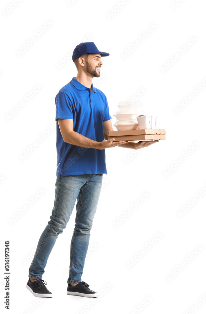 Handsome worker of food delivery service on white background Handsome worker of food delivery service on white background