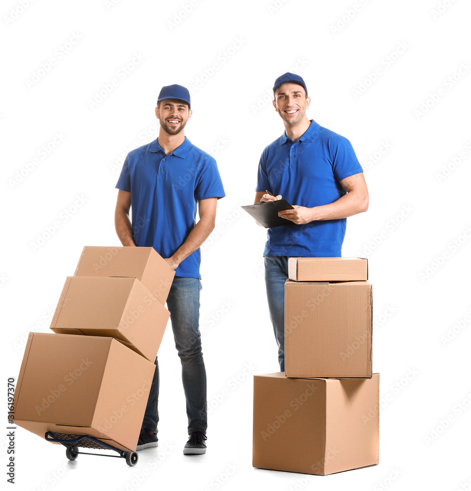Delivery men with boxes on white background Delivery men with boxes on white background