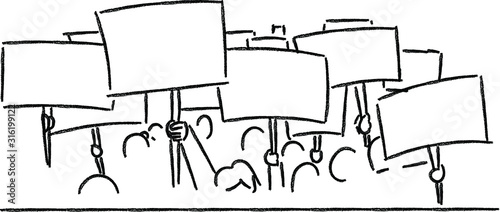 Crowd of protesters concept,human rights,blank sign,hand drawn crayon illustration,vector 