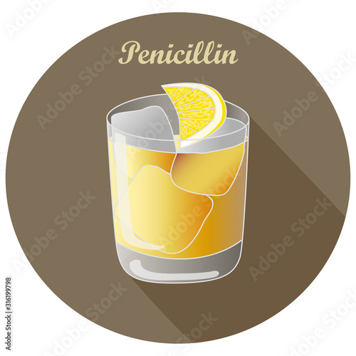 Hand drawn vector illustration of classic The Penicillin alcohol blended scotch cocktail with lemon in old fashioned glass served on the rocks. Bar menu