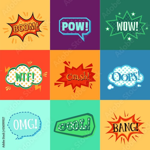 Comic book speech bubble sticker set with colorful burst effect