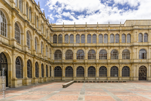 Main facade of National College of St. Bartholomew—the oldest Colombian school in Bogota, Colombia. © photoopus