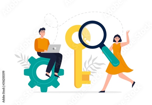 Modern search engine optimization concept. Web developers search for keywords to improve website page rank. Flat Vector illustration good for banners, ads, landing pages or other web promotion issue. photo