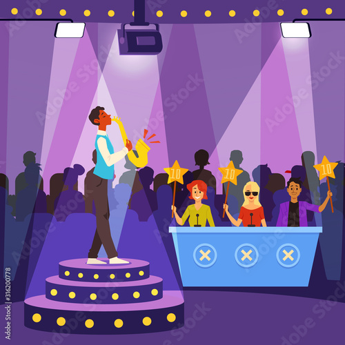 Talent show tv studio background with people characters flat vector illustration.