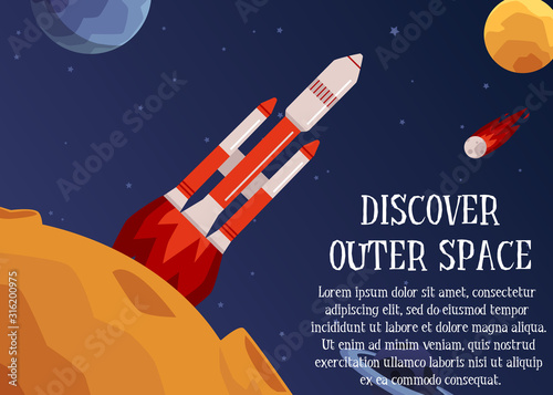 Discover outer space - text and rocket launching to stars vector illustration.