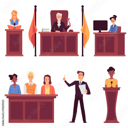 Court judge and law - set with people characters, vector illustration isolated.