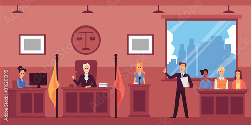 Judicial system with lawyer interrogating witnesses, flat vector illustration.