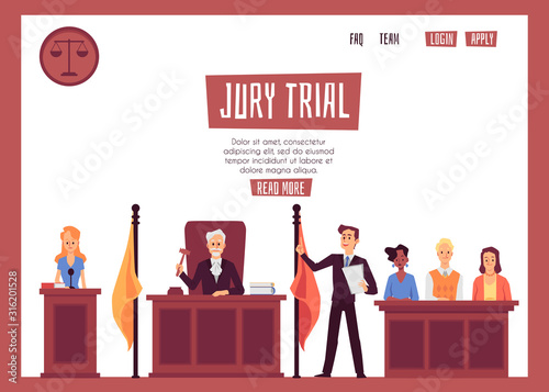 Legal representation in court banner with people, flat vector illustration.