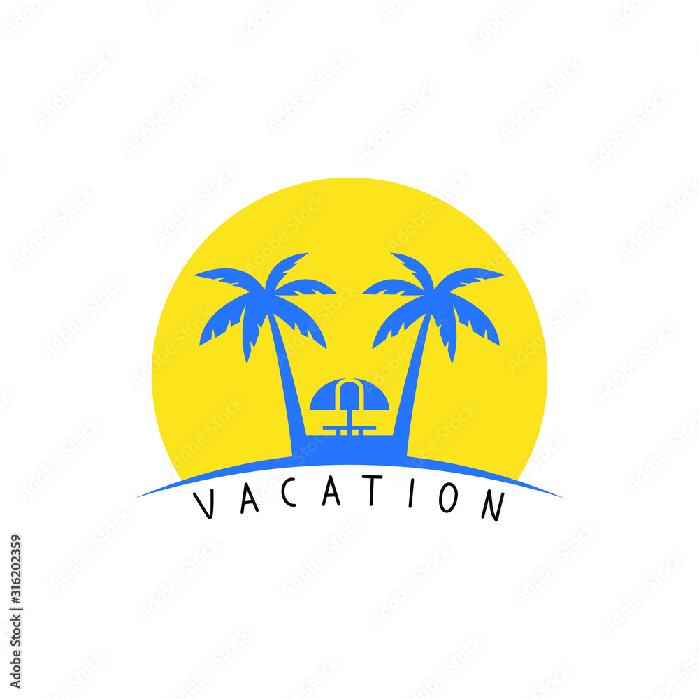 Image of a logo about a shady spot on the beach, with a umbrella between two coconut trees.