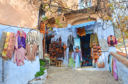 The street view of old medina of Chefchaouen that selling local produce and fresh fruit. © peacefoo