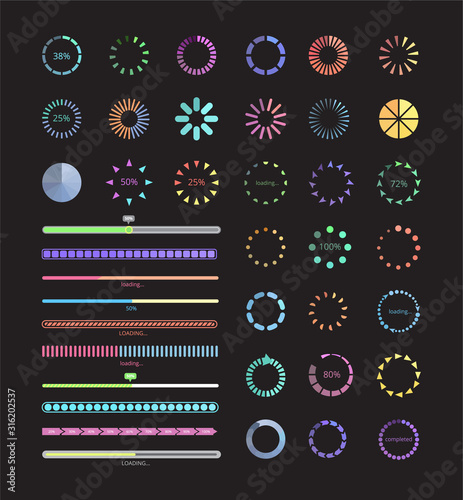 Collection of modern progress loaders and buffering elements vector illustration isolated. photo