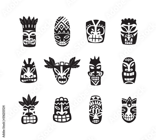 Black and white tiki mask drawing icon set isolated on white background