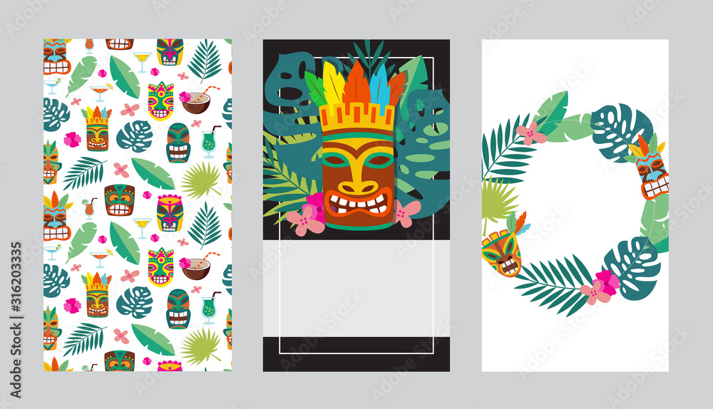 Cards or invitations set for Tiki bars or party vector illustration isolated.