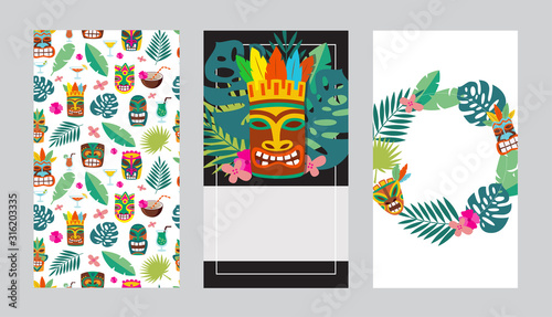 Cards or invitations set for Tiki bars or party vector illustration isolated.