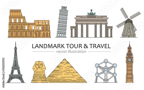 Landmarks, tour and travel icons set of vector cartoon illustrations isolated.
