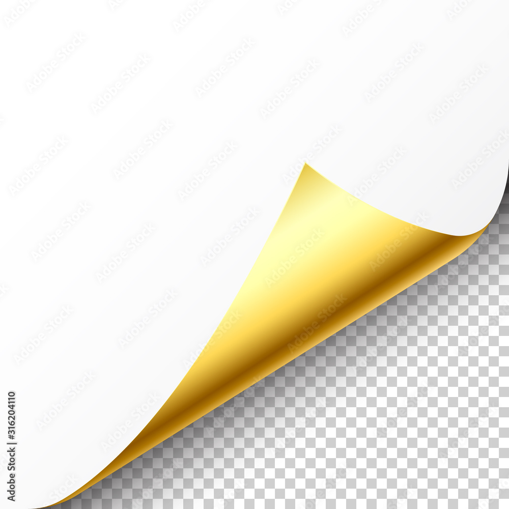 Realistic golden curled page corner with shadow on checkered background. Greeting card design element. Blank sheet of paper. Vector illustration. Realistic golden curled page corner with shadow on checkered background. Greeting card design element. Blank sheet of paper. Vector illustration.