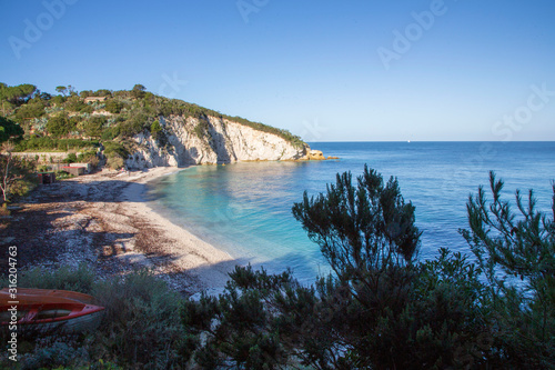 Aerial view of Padulella beach on december near Portoferraio. Elba island, Tuscany, Italy