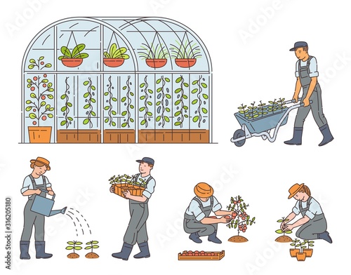 Farmers growing ecologically clean food, vector sketch illustrations isolated.
