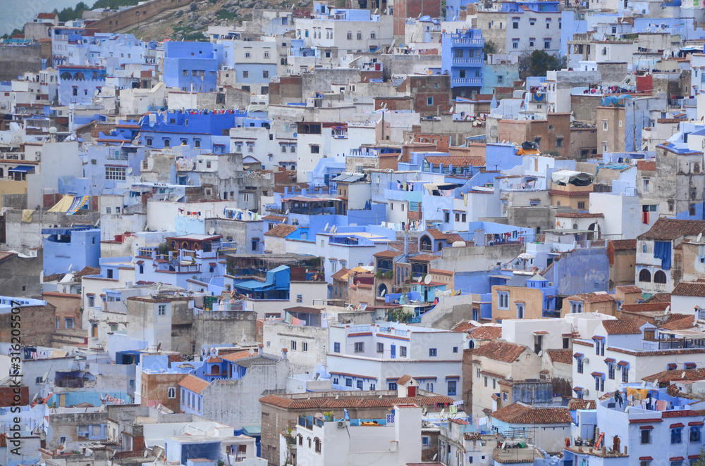 A view of the blue city of Chefchaouen in the Rif mountains, Morocco.