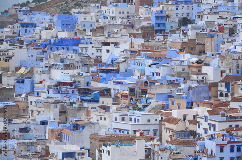 A view of the blue city of Chefchaouen in the Rif mountains, Morocco. © peacefoo