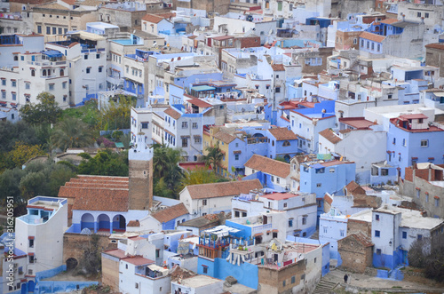 A view of the blue city of Chefchaouen in the Rif mountains, Morocco. © peacefoo