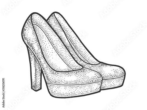 Women high heeled shoes sketch engraving vector illustration. T-shirt apparel print design. Scratch board imitation. Black and white hand drawn image.