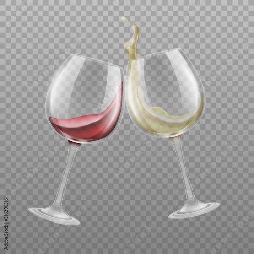 Red and white wine wineglasses, realistic vector illustration mockup isolated.