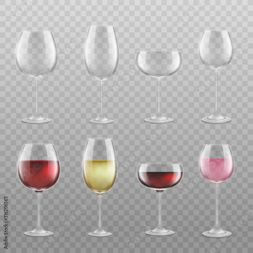 Different realistic wine glass types set with and without drink