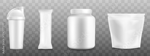 Sport protein nutrition containers realistic vector illustration mockup isolated.