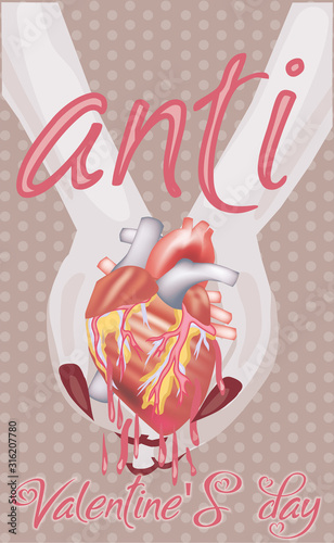 Anti Valentine's day card,  hands hold a heart. vector illustration