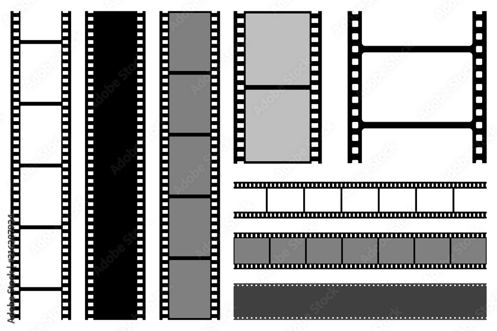 Film strips collection. Old retro cinema movie strip. Vector illustration. Video recording. Film strips collection. Old retro cinema movie strip. Vector illustration. Video recording.